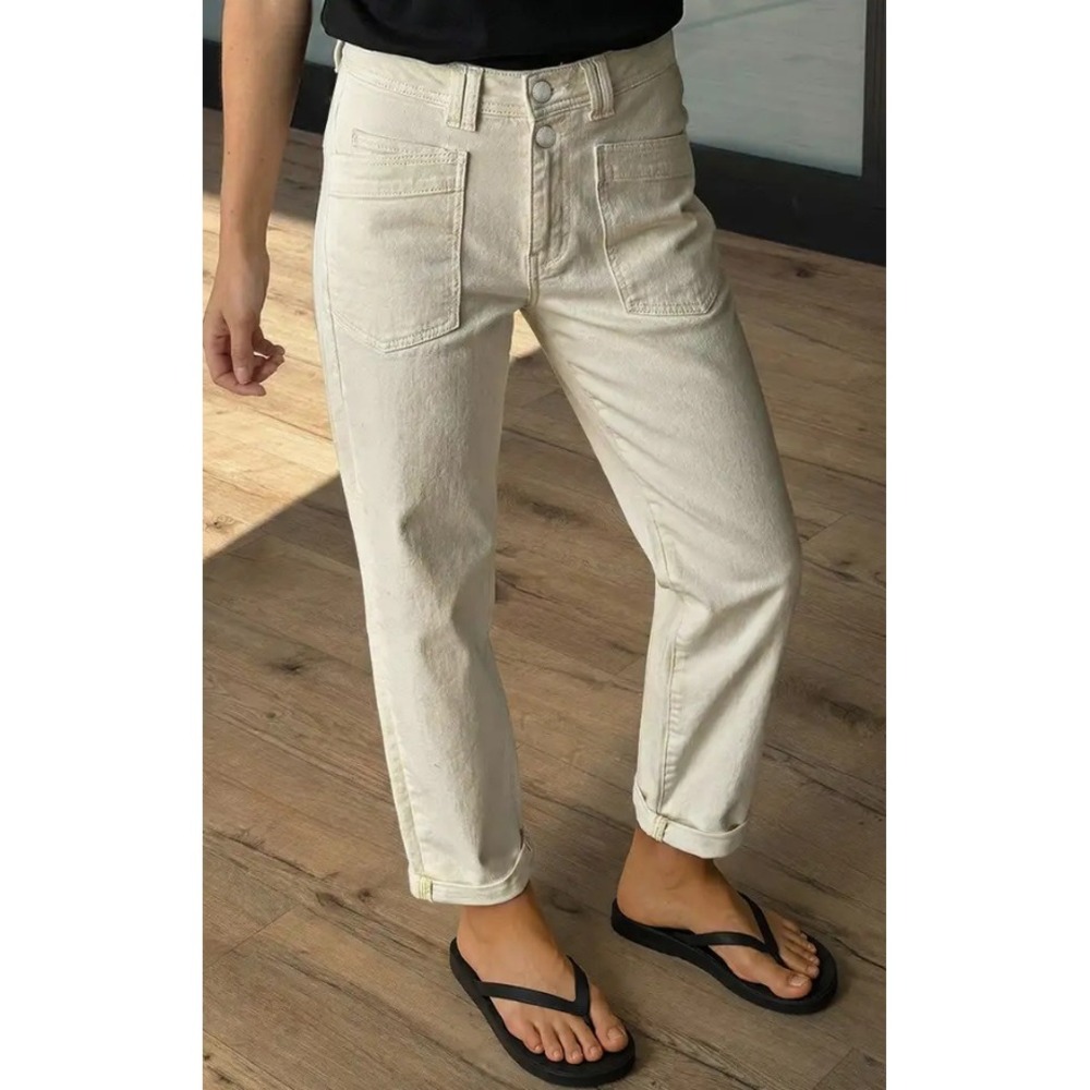 Flamingals High Rise Straight Leg Crop Pants Cream Patch Pocket Dual Button L